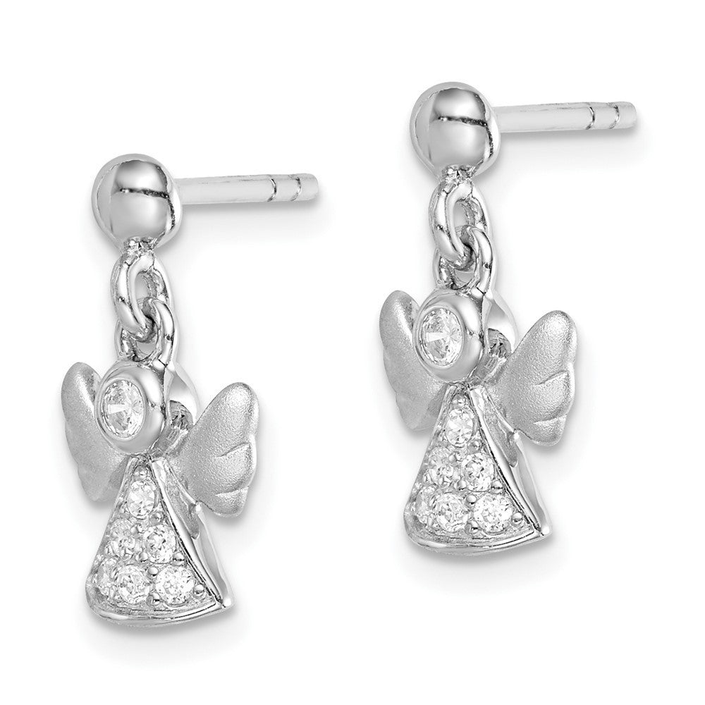Sterling Silver RH-plated Polished/Satin CZ Angel Dangle Earrings