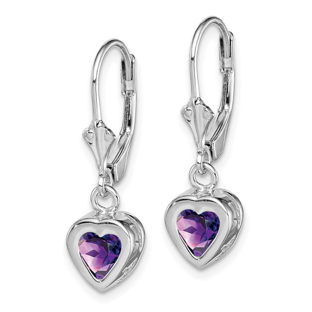 Sterling Silver Rhodium Plated 6mm Heart Amethyst Leverback Dangle Earrings