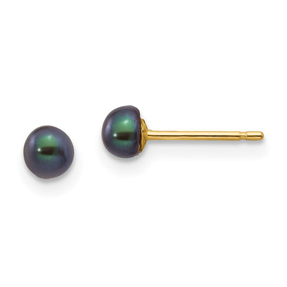 14k Yellow Gold 3-4mm Black Button Freshwater Cultured Pearl Stud Earrings