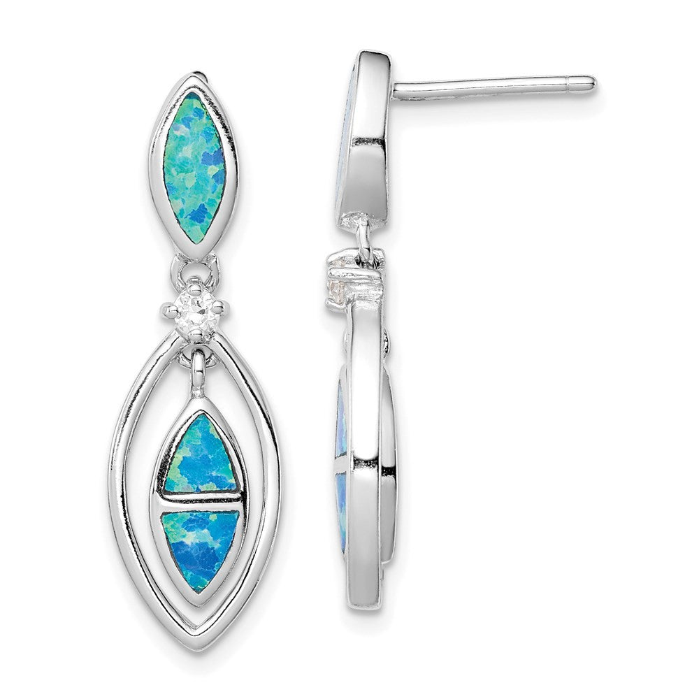 Sterling Silver RH-plated CZ & Blue Cr. Opal Marquise Dangle Earrings