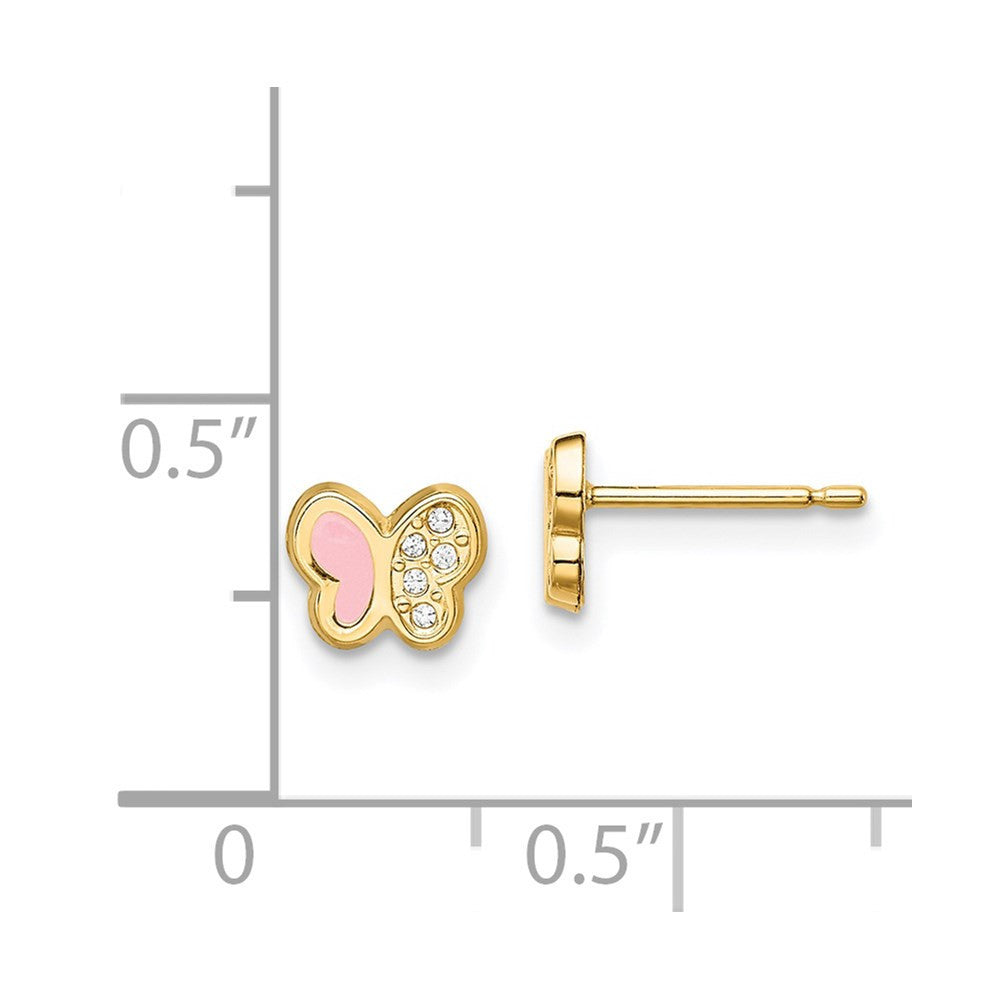 14k Yellow Gold CZ Pink Enamel Butterfly Button Stud Earrings