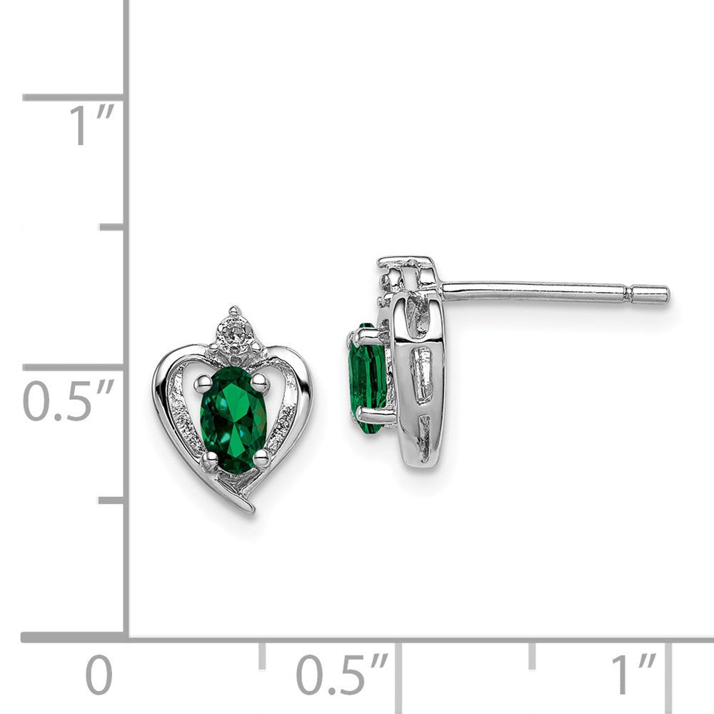 Sterling Silver Rhodium-plated Created Emerald & Diam. Button Stud Earrings
