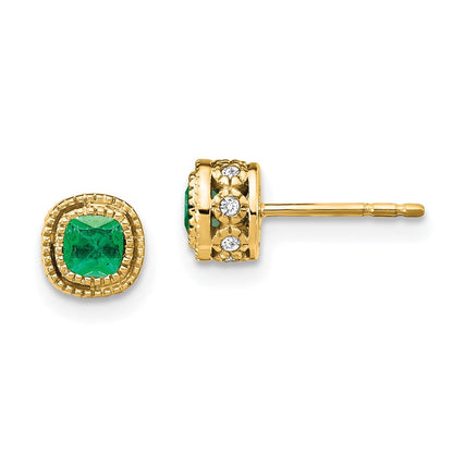 14k Yellow Gold Emerald and Diamond Stud Earrings