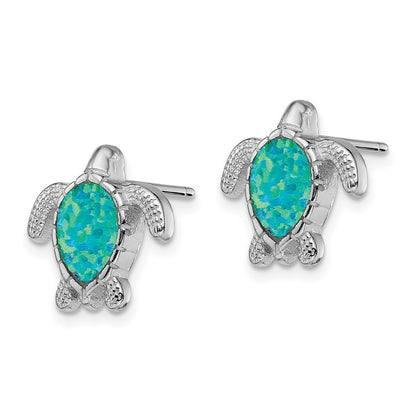 Sterling Silver Rhodium-plated Polished Green Created Opal Turtle Stud Earrings