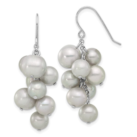 Sterling Silver 6-10mm Grey Round Freshwater Cultured Pearl Dangle Earrings