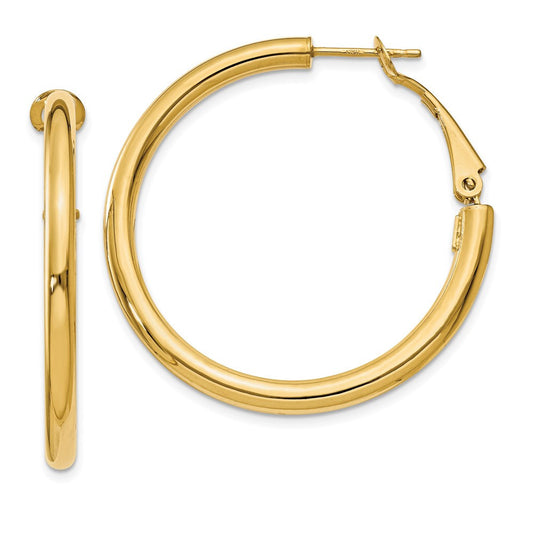 14k Yellow Gold 3x30mm Polished Round Omega Back Hoop Earrings