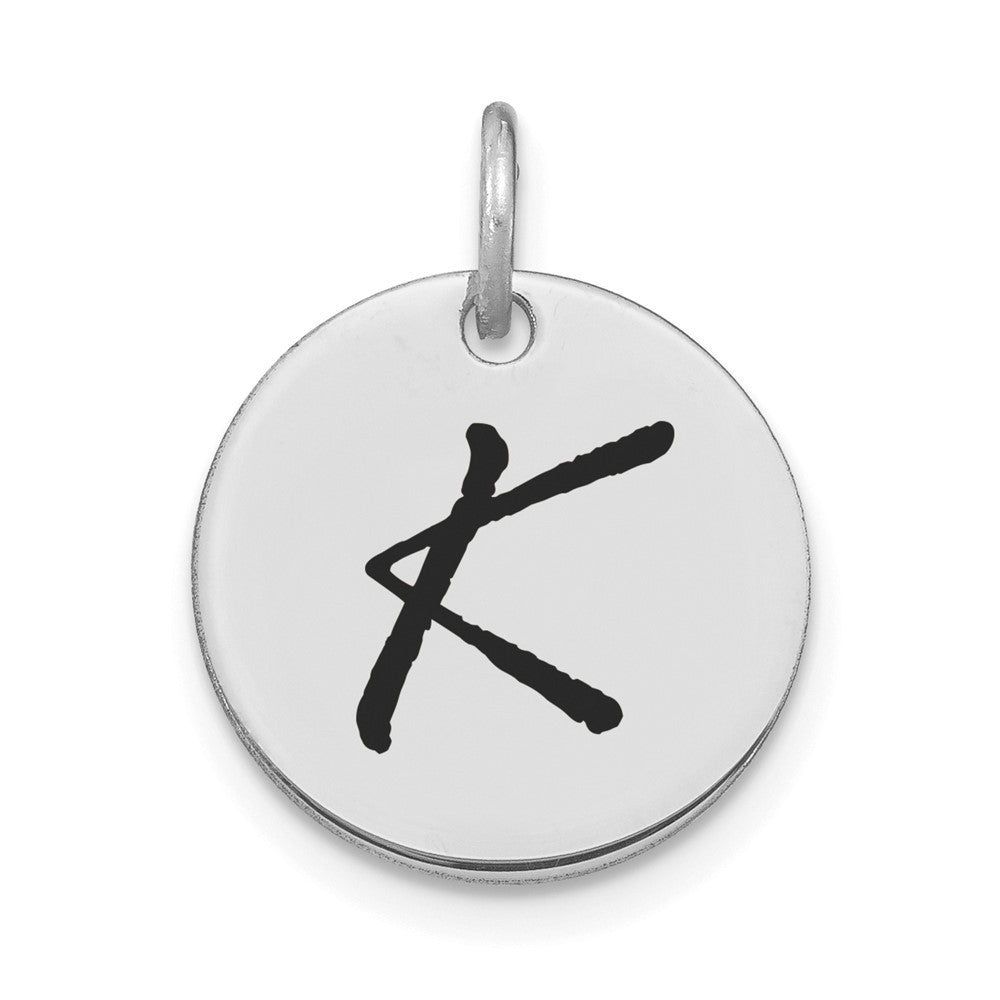 14k White Gold Polished Black Enamel Letter K Initial Disk Charm Pendant