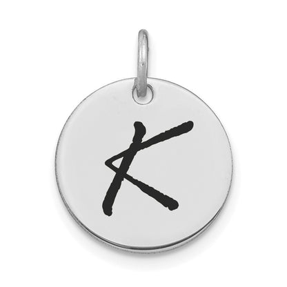 14k White Gold Polished Black Enamel Letter K Initial Disk Charm Pendant