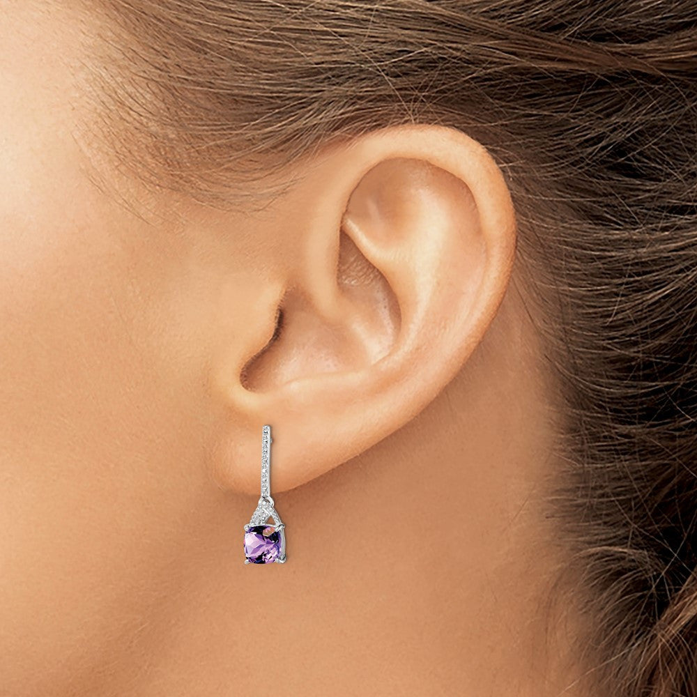 Sterling Silver Rhodium Plated Diamond and Amethyst Dangle Earrings