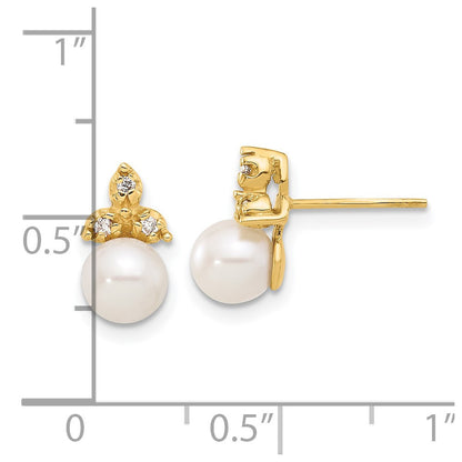 14k Yellow Gold 5-6mm Button Freshwater Cultured Pearl & Diamond Stud Earrings