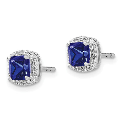 14k White Gold Cushion Sapphire and Diamond Halo Stud Earrings