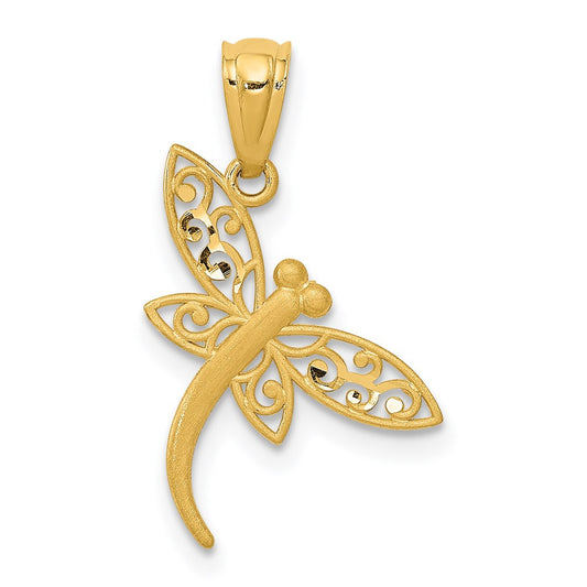 14k Yellow Gold Satin Diamond-cut Dragonfly Pendant