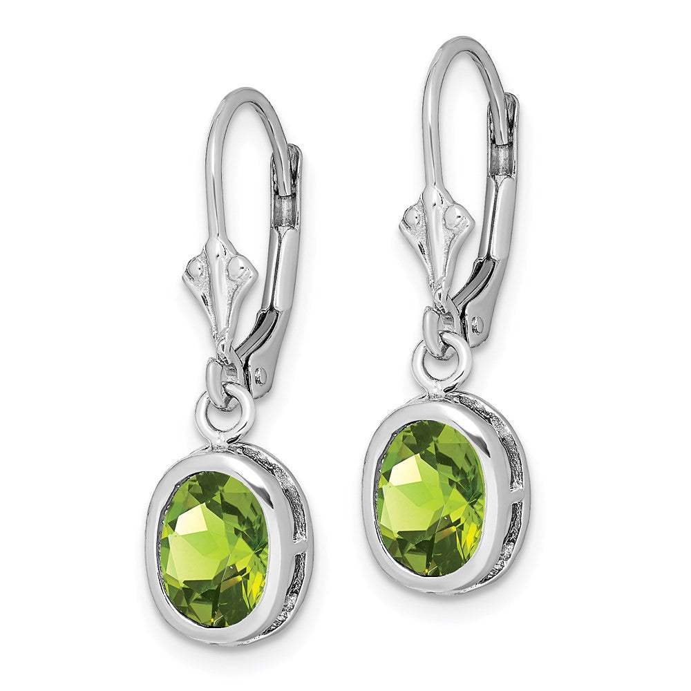 Sterling Silver Rhodium Plated 8x6mm Oval Peridot Leverback Dangle Earrings