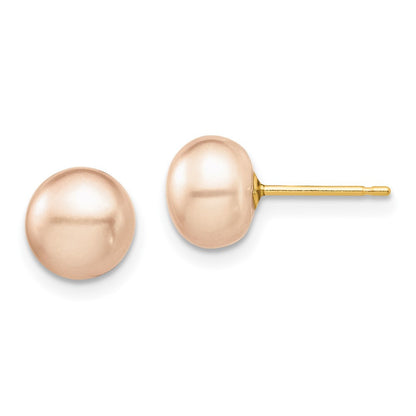 14k Yellow Gold 8mm Pink Button Cultured Pearl Stud Earrings with Silicone Backs