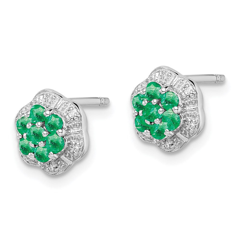 Sterling Silver Rhodium Emerald & Diamond Button Stud Earrings
