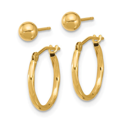 14k Yellow Gold Polished 4mm Ball and Twisted Hoop Stud Earring Set