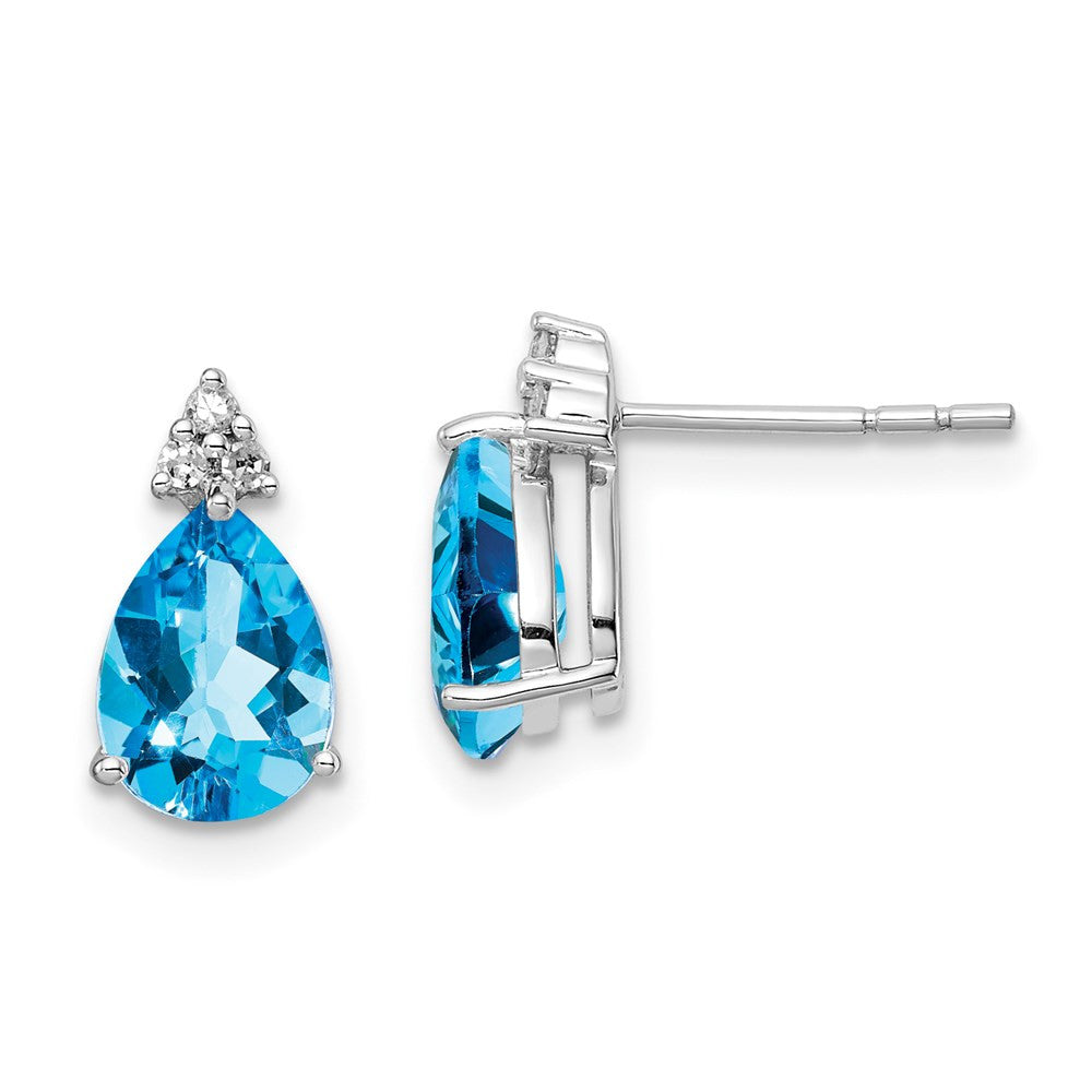 Sterling Silver Rhodium Plated Diamond and Blue Topaz Button Stud Earrings