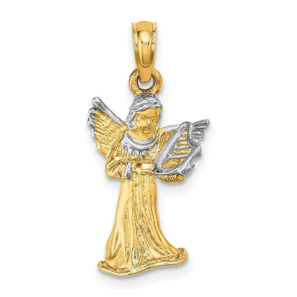14k Yellow Gold White Rhodium 3-D Angel Playing Harp Charm Pendant