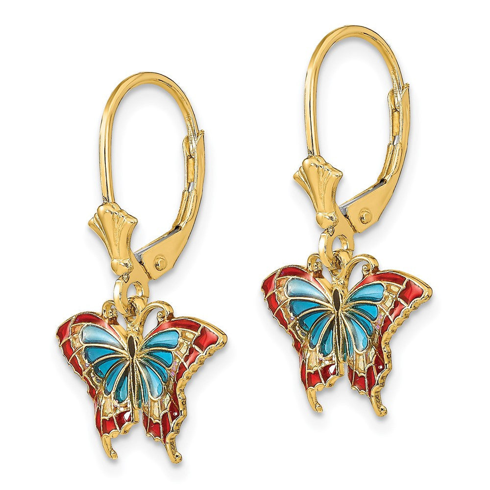 14k Yellow Gold Blue and Red Enameled Wings Butterfly Drop & Dangle Earrings