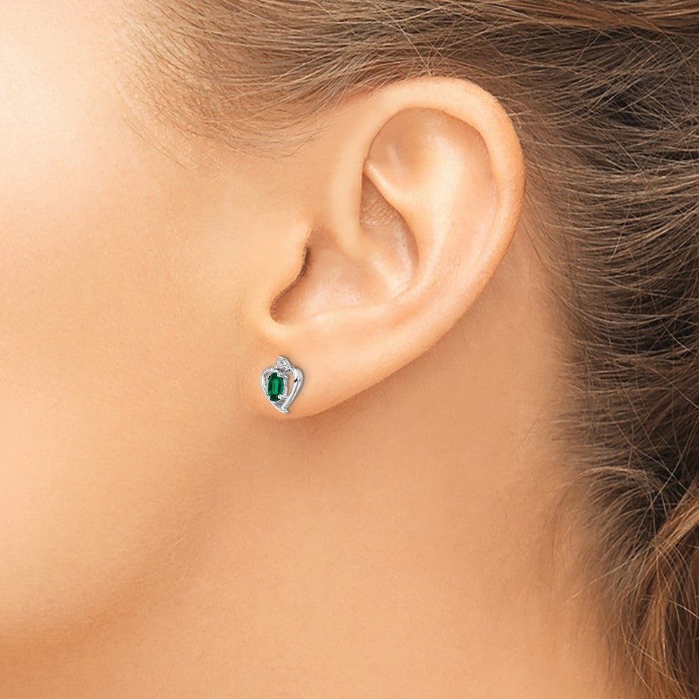 Sterling Silver Rhodium-plated Created Emerald & Diam. Button Stud Earrings