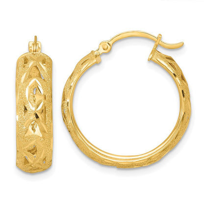 14k Yellow Gold Polished Laser and Diamond-cut Fancy Design Hoop Earrings