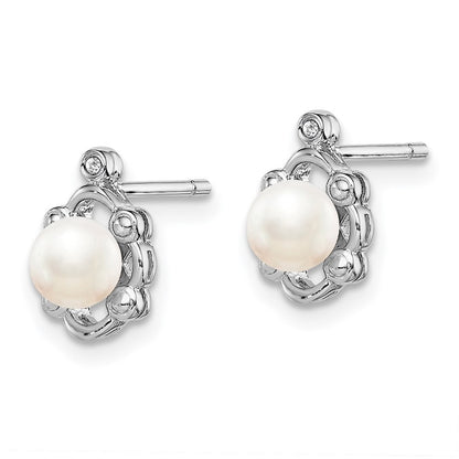 Sterling Silver Rhodium-plated FW Cultured Pearl & Diam. Button Stud Earrings