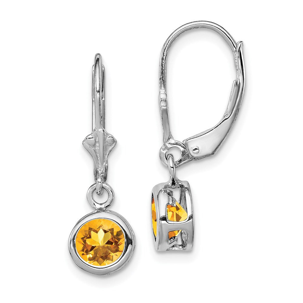 Sterling Silver Rhodium Plated 6mm Round Citrine Leverback Dangle Earrings
