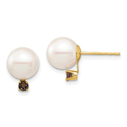14k Yellow Gold Round Freshwater Cultured Pearl and Smoky Quartz Earring