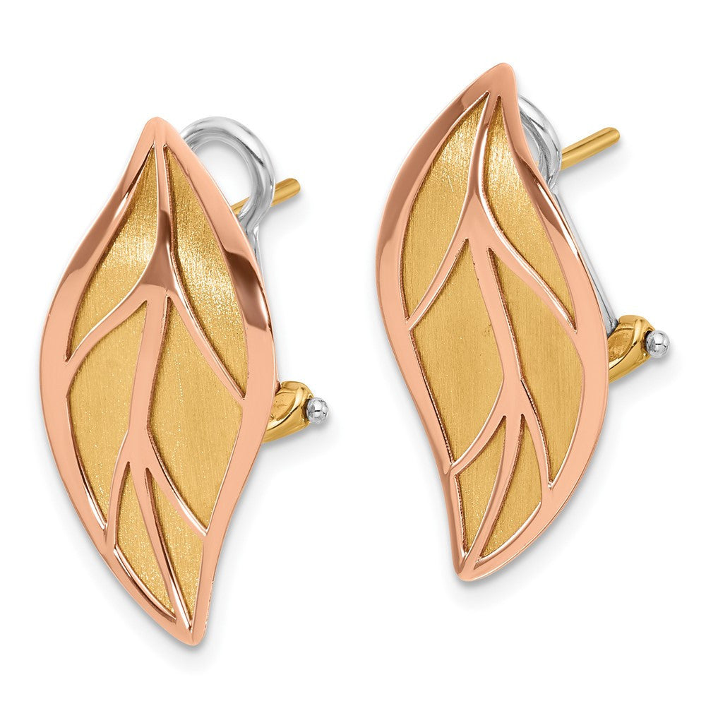14K Two-tone Rose and Yellow Polished / Brushed Leaf Omega Back Stud Earrings