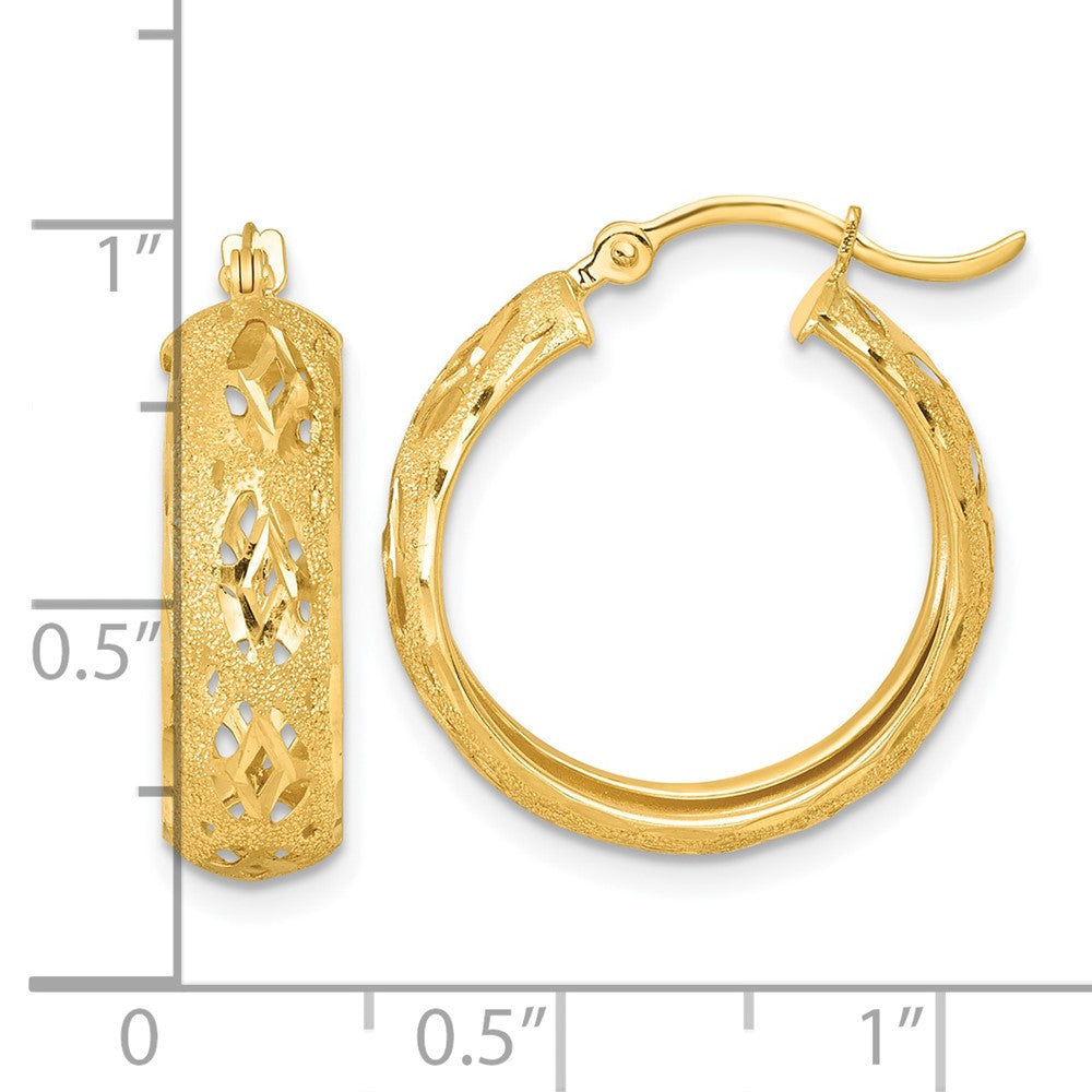 14k Yellow Gold Polished Laser and Diamond-cut Fancy Design Hoop Earrings