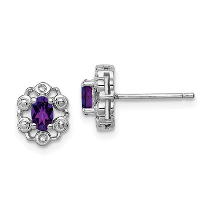 Sterling Silver Rhodium-plated Amethyst & Diam. Button Stud Earrings
