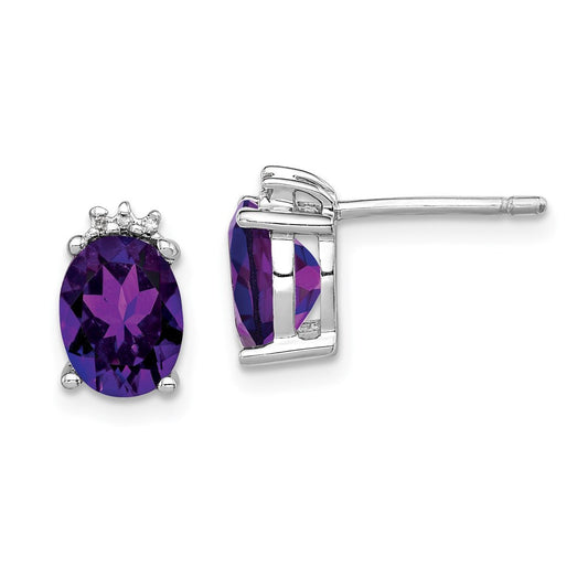 Sterling Silver Rhodium Plated Oval Amethyst and Diamond Button Stud Earrings