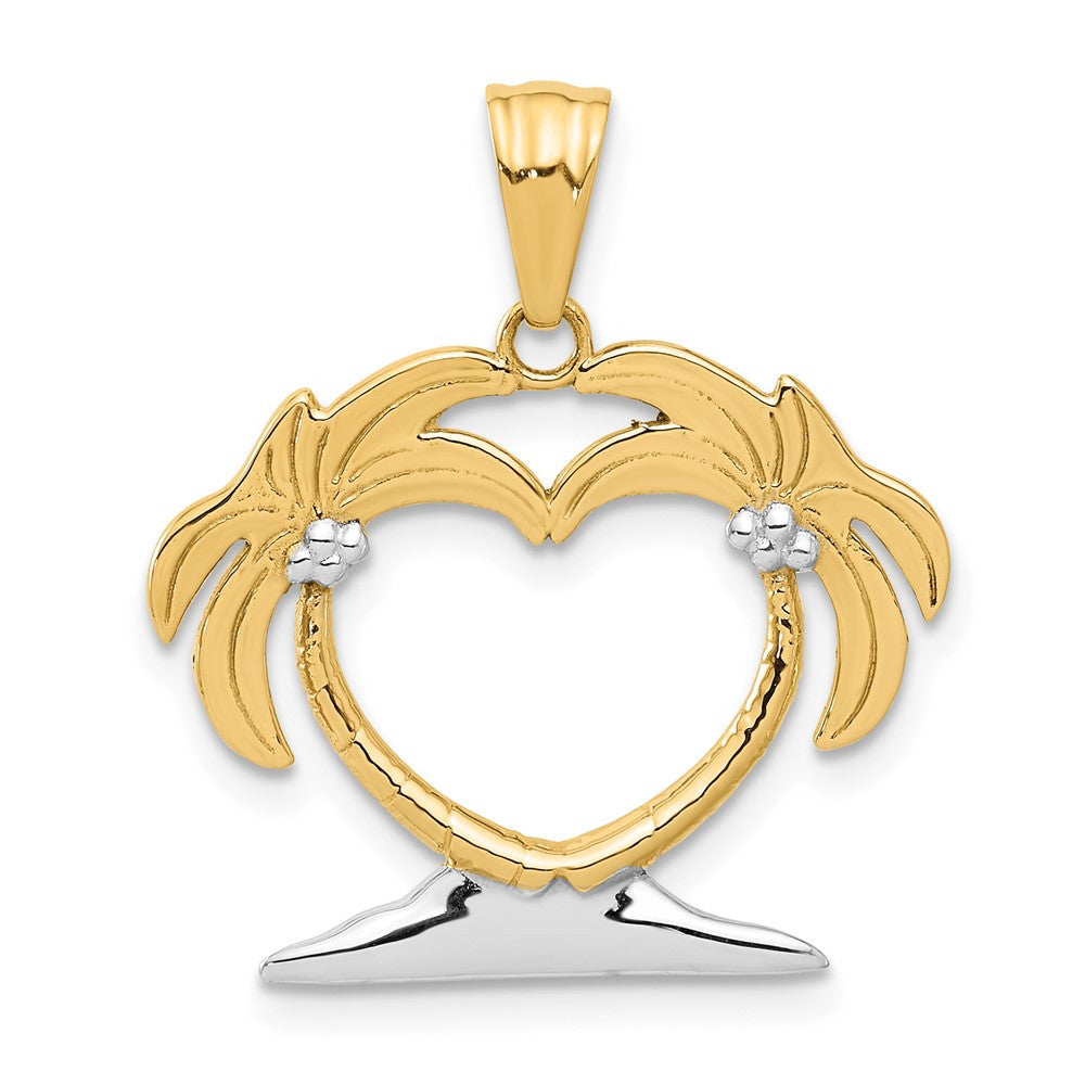 14k Yellow Gold with White Rhodium Palm Tree Heart Pendant
