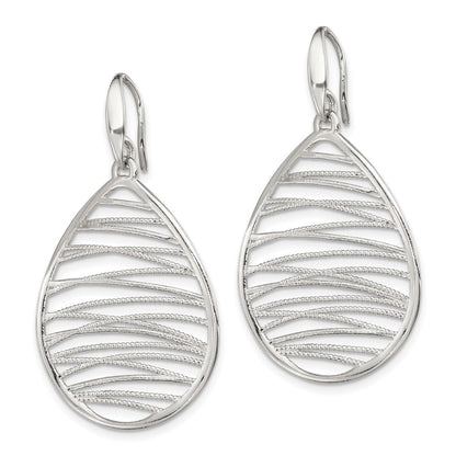 Sterling Silver Rhod-pltd Polished/Textured Tear Dangle Earrings