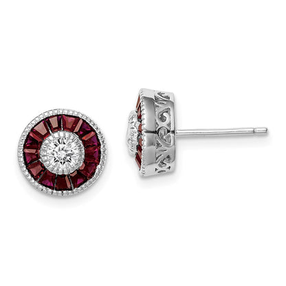 Sterling Silver Rhodium-plated CZ /Created Ruby Halo Button Stud Earrings