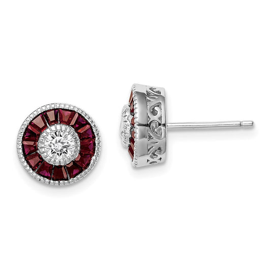 Sterling Silver Rhodium-plated CZ /Created Ruby Halo Button Stud Earrings