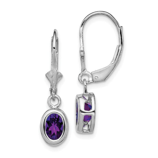 Sterling Silver Rhodium Plated 7x5mm Oval Amethyst Leverback Dangle Earrings