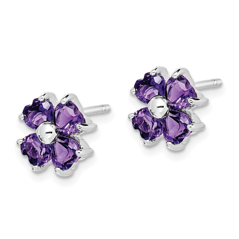 Sterling Silver Rhodium Plated Amethyst Flower Button Stud Earrings