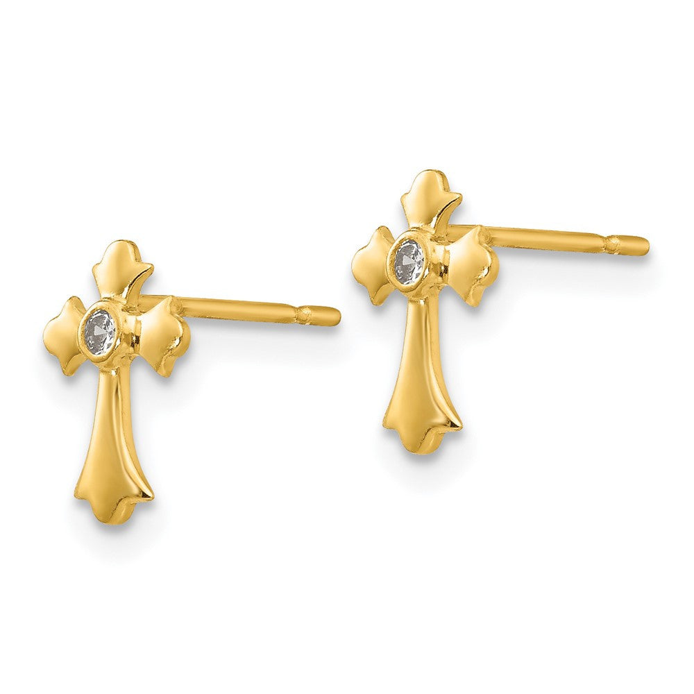 14k Yellow Gold CZ Children's Cross Button Stud Earrings