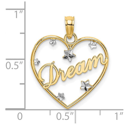 14k Yellow Gold Rhodium Diamond-cut DREAM Heart with Stars Charm Pendant