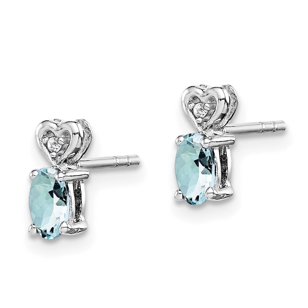 Sterling Silver Rhodium-plated Aquamarine & Diam. Button Stud Earrings