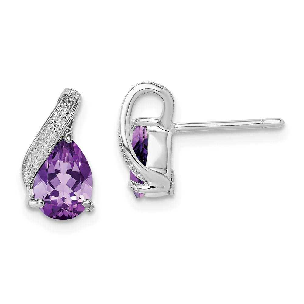 Sterling Silver Rhodium Plated Diamond and Amethyst Button Stud Earrings