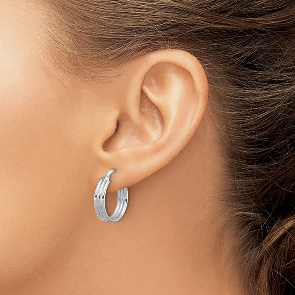 Sterling Silver Rhod-plated Polished Grooved Round Hoop Earrings