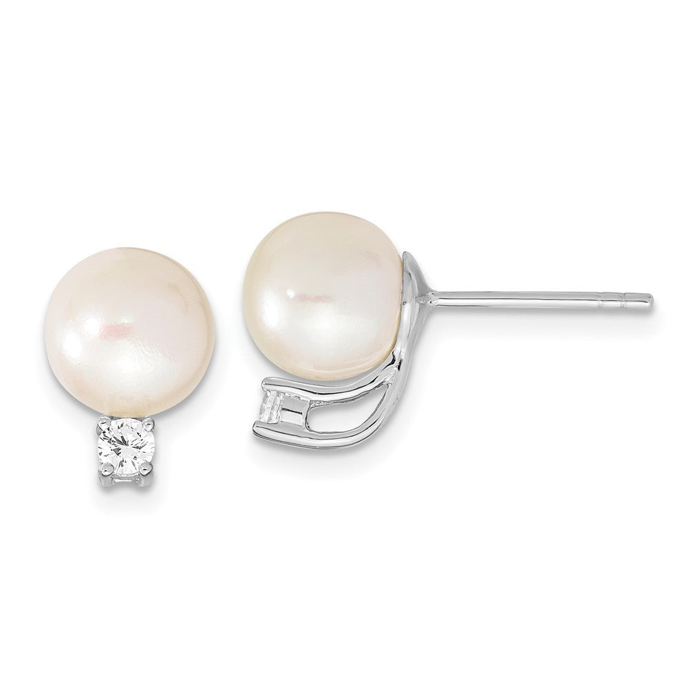 Sterling Silver White Semi-Round Freshwater Cultured Pearl and CZ Stud Earrings
