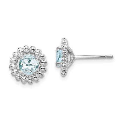 Sterling Silver Rhod-plat Aquamarine Button Stud Earrings