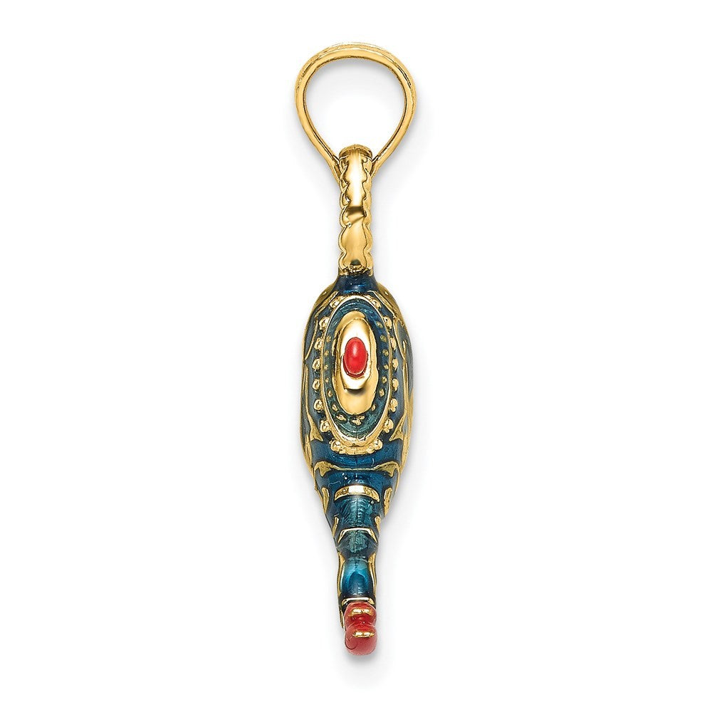 14k Yellow Gold Enamel 3-D Textured Blue Genie Lamp Charm Pendant