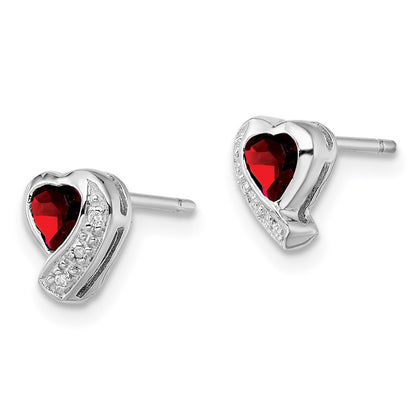 Sterling Silver Rhodium-plated Garnet and Diamond Heart Button Stud Earrings