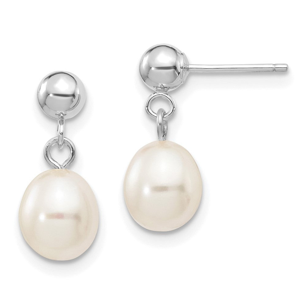14k White Gold 6-7mm White Rice Freshwater Cultured Pearl Dangle Earrings