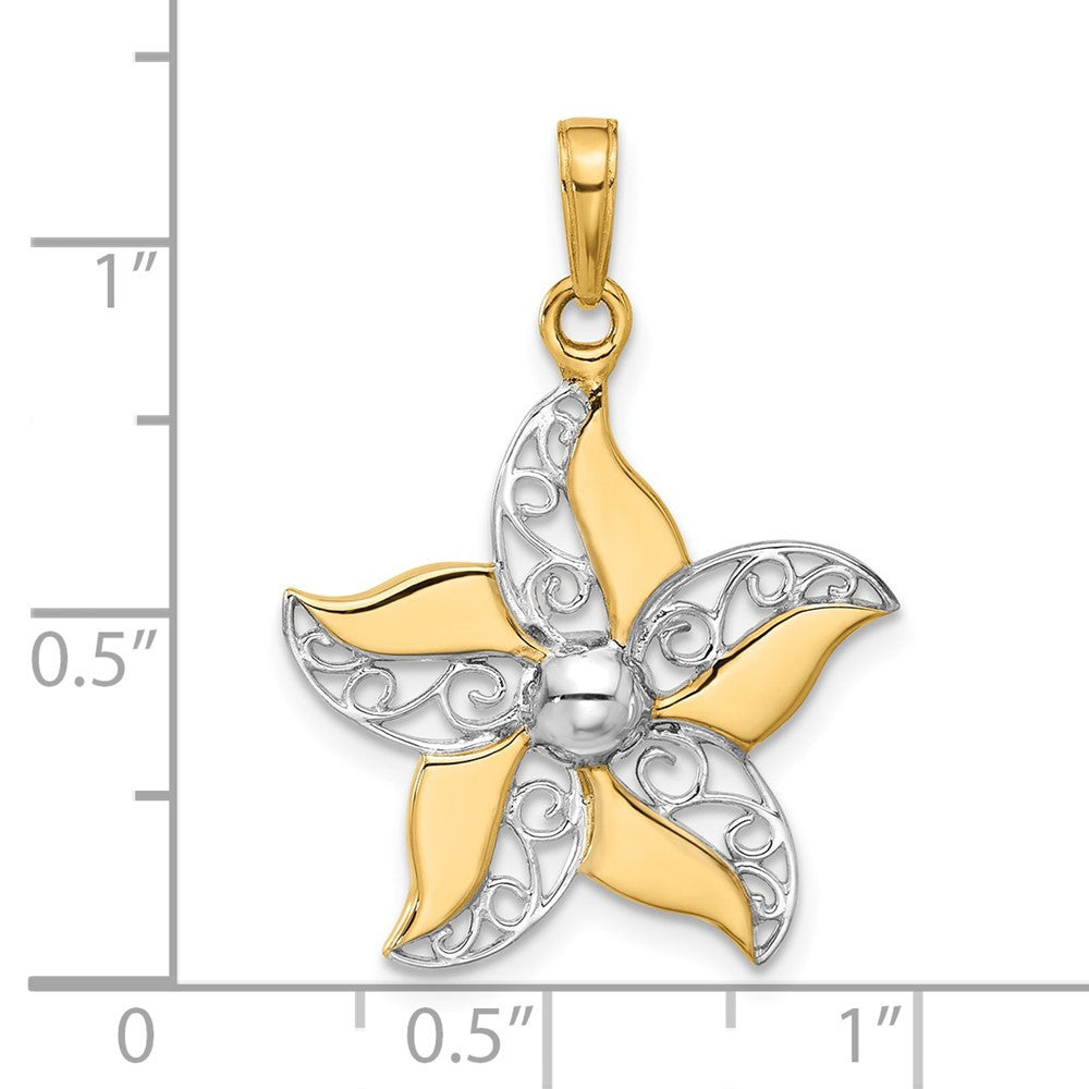 14k Yellow Gold and White Rhodium Filigree Flower Pendant
