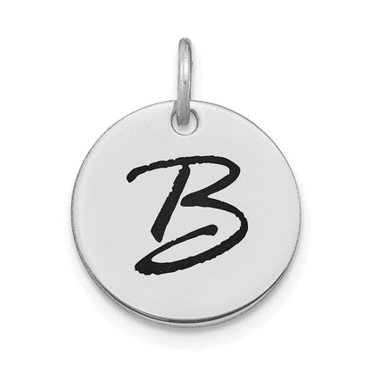 14k White Gold Polished Black Enamel Letter B Initial Disk Charm Pendant